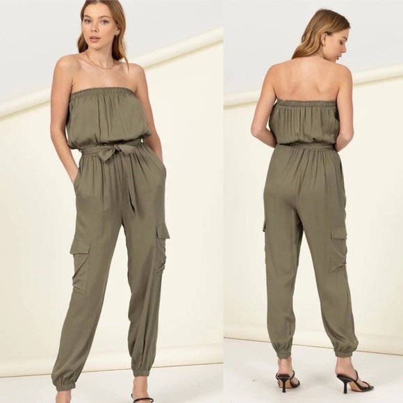 HYFVE Olive Strapless Jumpsuit with Pockets - Picture 2 of 3